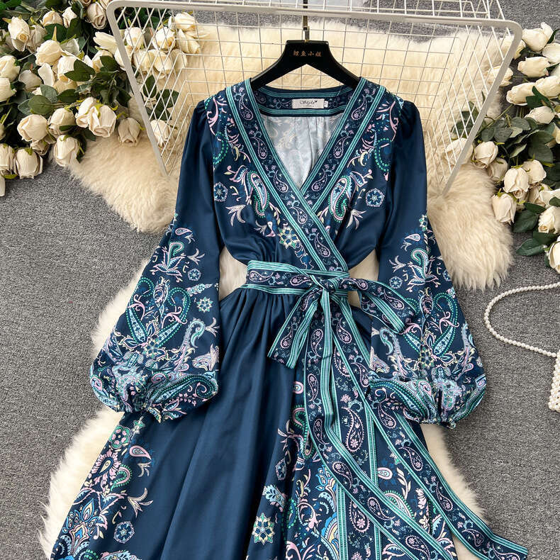 2024 New French One Piece Lace Up Waist Printing Womens Light Luxury Elegant Long Dress Bifurcated Short Novelty Waist Temperament Silk Dress Denim Dr