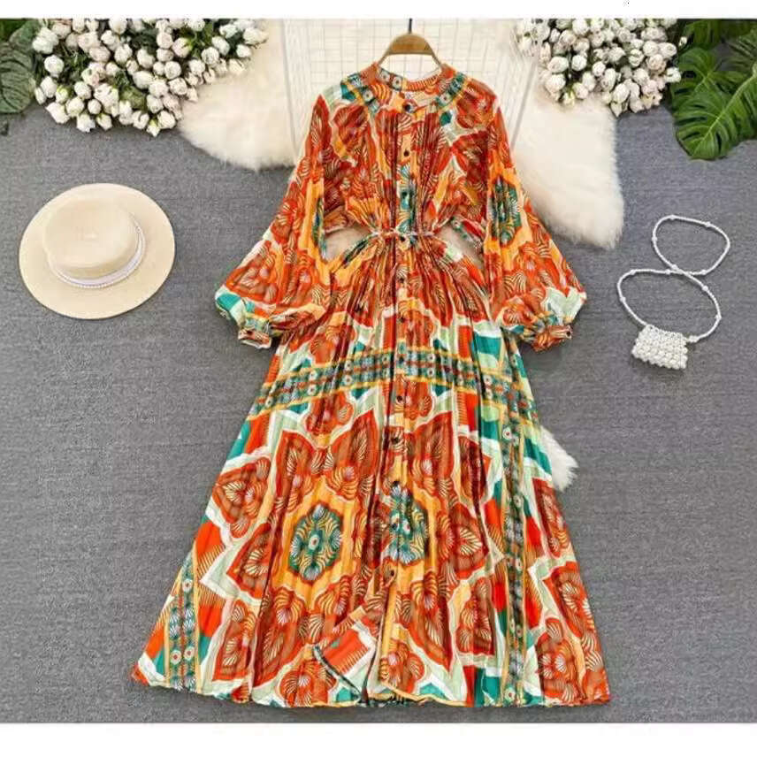 High End, Light Luxury, and Lantern Sleeved Round Neck with A Waistband That Looks Slim, Single Breasted Printed Dress, Elegant Long Skirt High Waist 
