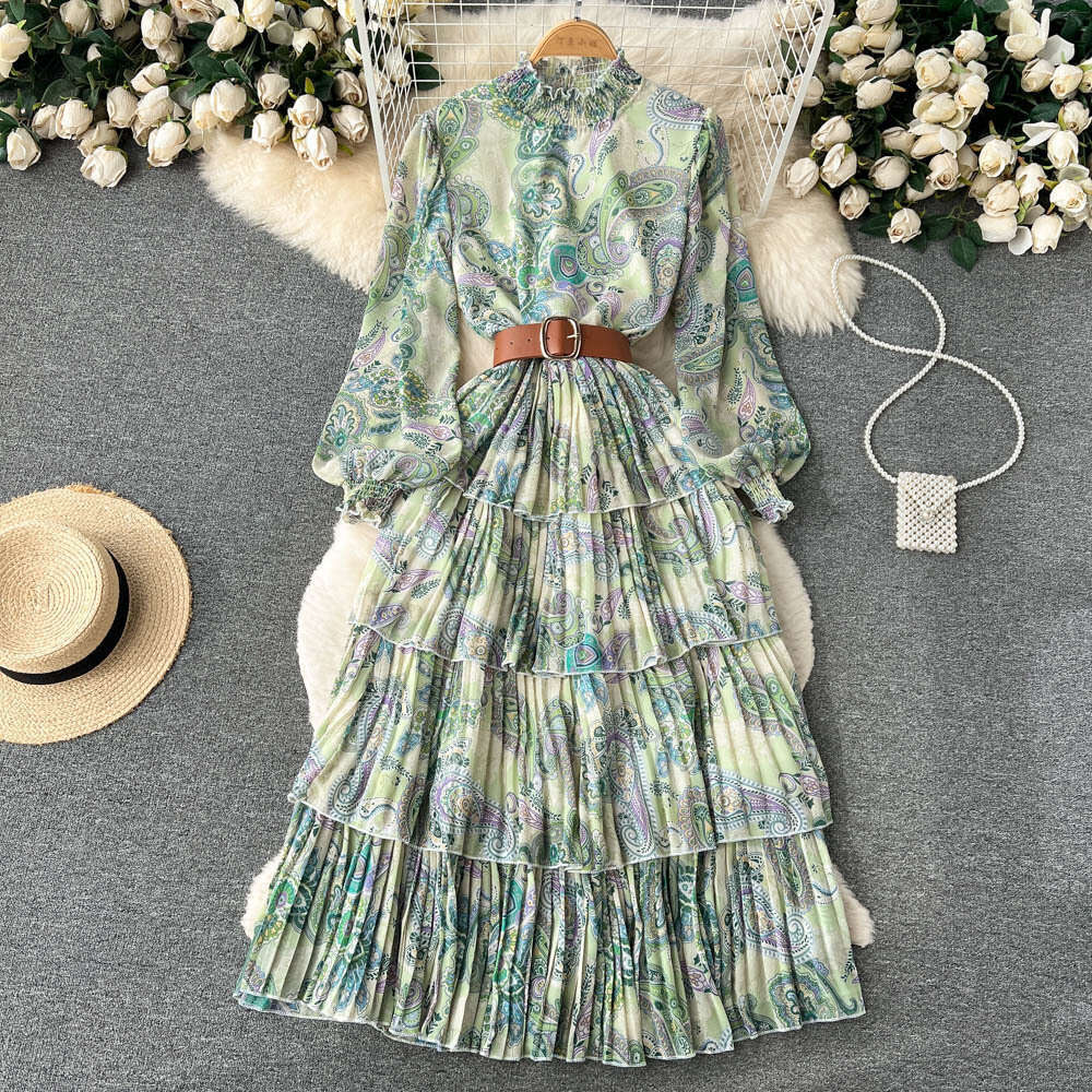 Standing Collar Mesh Sleeved Ruffled Edge Printed Waistband Fluffy Large Hem Dress for Womens Spring and Autumn Lantern Sleeves Cake Long Skirt Oversi