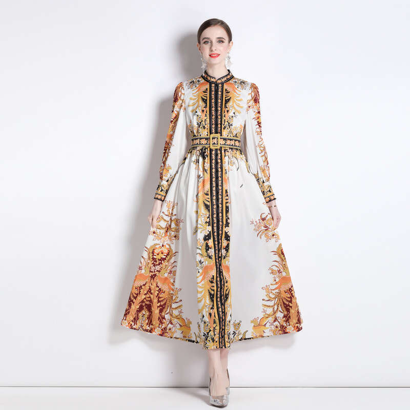 Womens Early Spring 2023 New Palace Style Standing Collar Dress with Button Design and Printed Long Skirt Bifurcated Oversize Dress Round Neck Dress