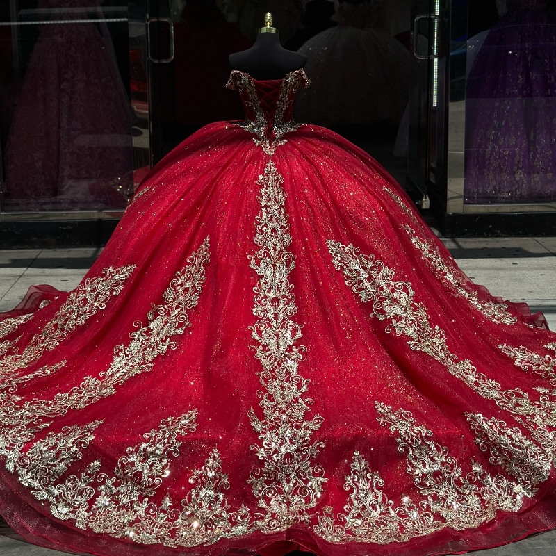 Red Shiny Dresses 2024 Gold Lace Appliqued Crystal Off the Shoulder Ball Gown Sweet 16 Vestidos 15 De Quinceanera