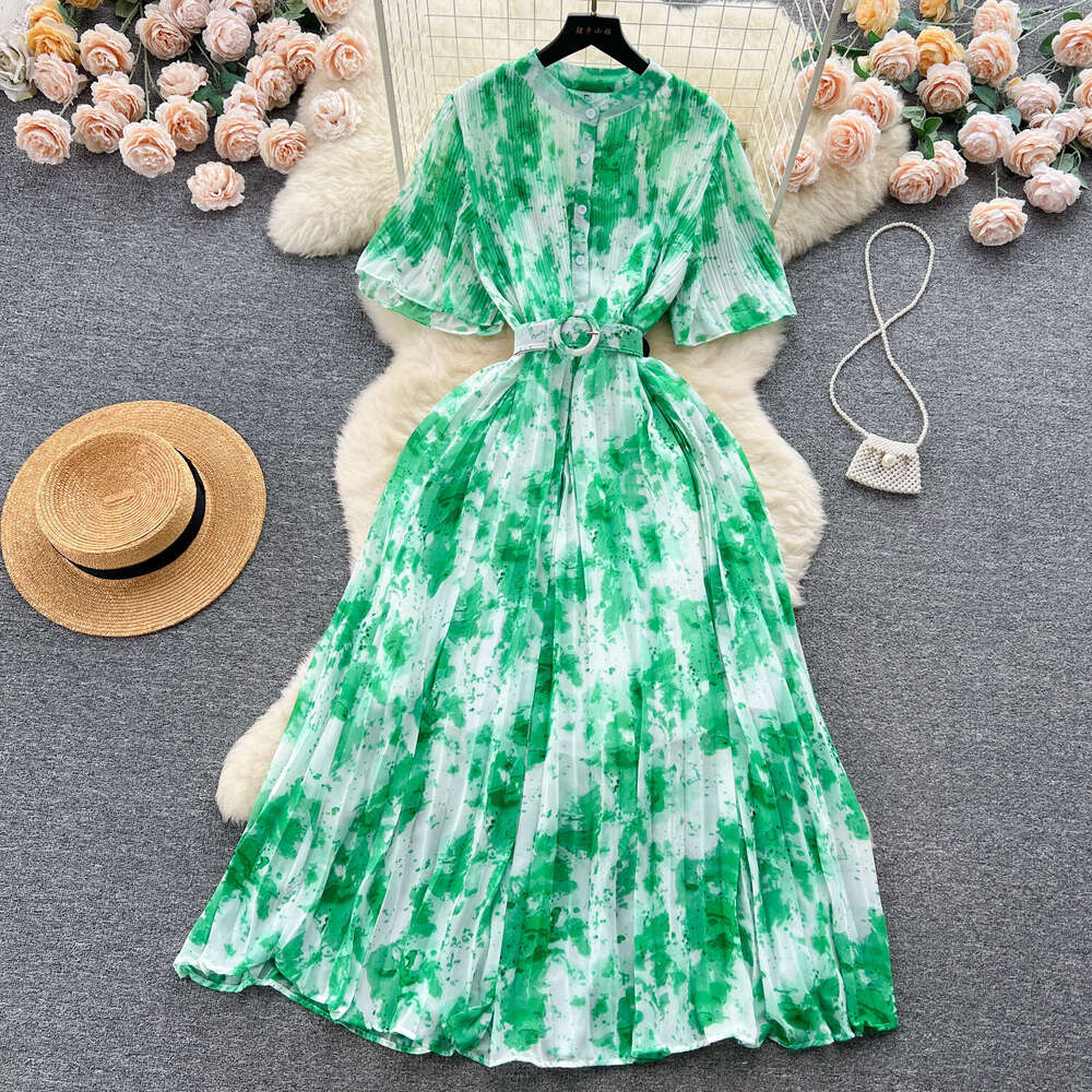 Light Luxury Elegant Round Neck Short Sleeved Halo Dyed Chiffon Dress for Women in Summer, with Slim Waist and A Large Hem Long Skirt Pregnant Womens 
