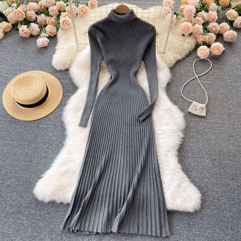 Autumn 2022 New Goddess Temperament High Neck Slim Fit Medium Long Style with Inner Bottom Skirt Knitted Dress Chiffon Floral Dress Short Sexy Silk Dr