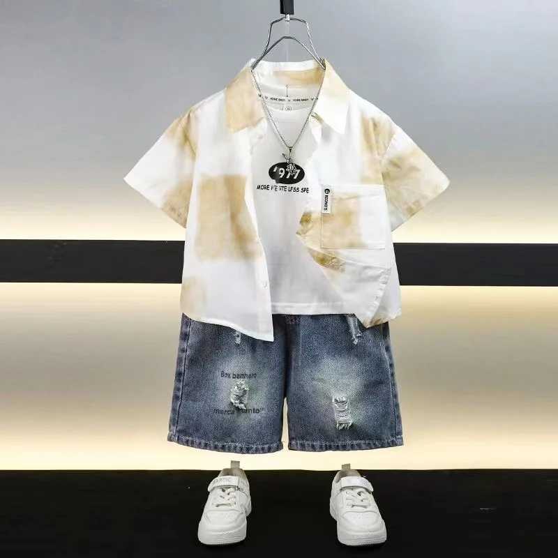 Clothing Sets Boys Short sleeved Shirt Set 2024 New Childrens Summer Top Baby Top Denim Shorts Boys Summer Shirt Two piece Set