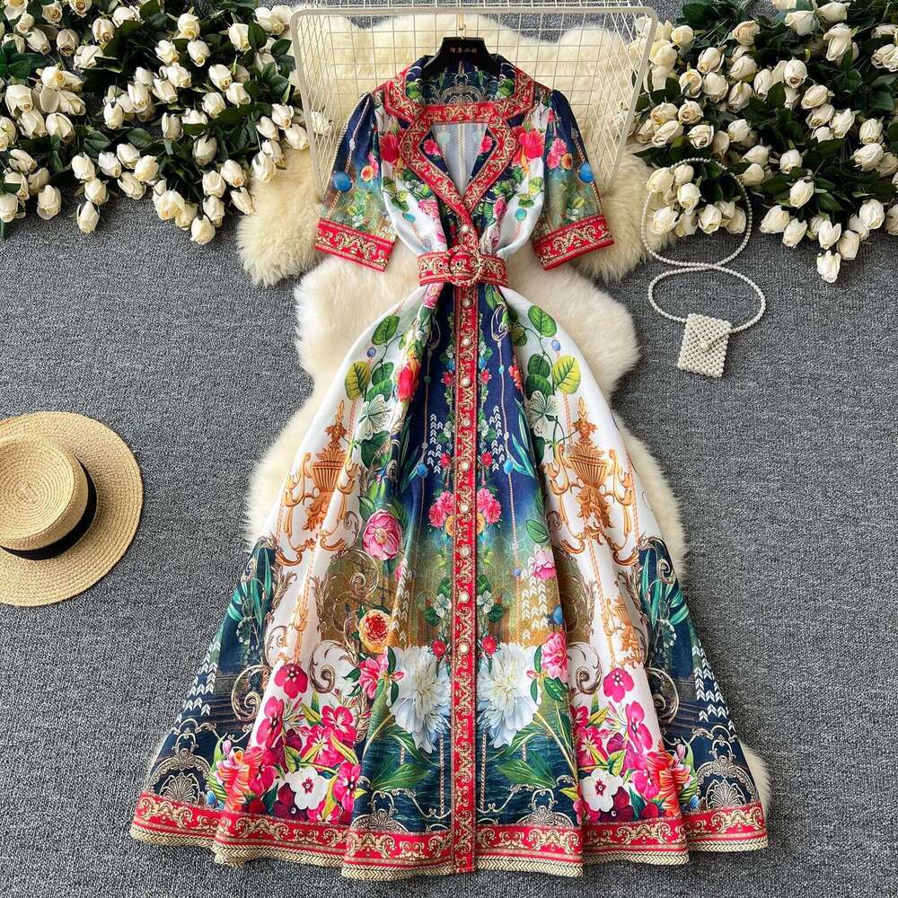 Fashion Ventilation 2024 Summer New Womens Shirt Collar Single Breasted Waist Wrap Print French Elegant Long Dress Floral Dress Waist Novelty Round Ne