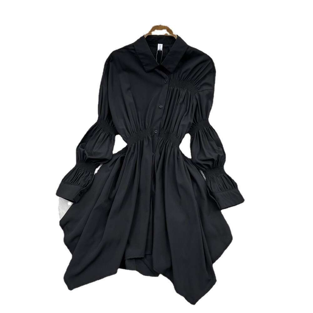 Hong Kong Style Single Breasted POLO Collar Slimming Shirt Skirt Spring High Waisted Long Sleeved Loose A-line Dress Temperament Silk Dress Round Neck