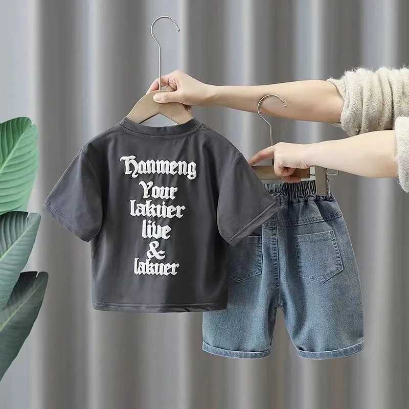 Clothing Sets Boys Summer Set 2024 New Boys Summer 3D Pattern Top+Denim Shorts Childrens Handsome Short Sleeve Two Piece Set Kids Outfits