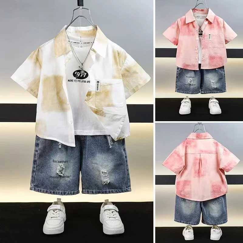 Clothing Sets Boys Short sleeved Shirt Set 2024 New Childrens Summer Top Baby Top Denim Shorts Boys Summer Shirt Two piece Set
