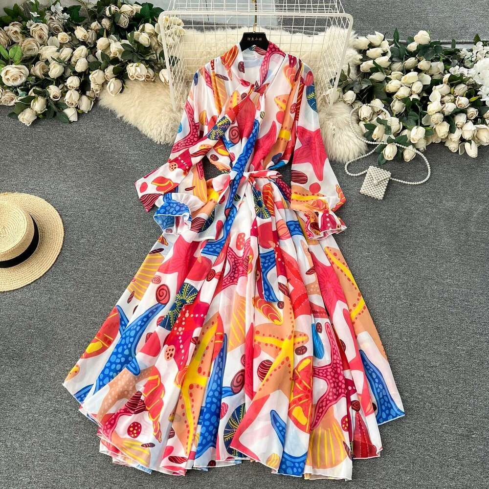 French and Elegant Dressing Spring Lace Up Bow Neck Slim Fit Long Swing Chiffon Vacation Dress Sexy Dress Self-cultivation Novelty High Waist Dress