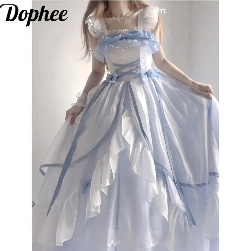 Dophee Original Lolita Long Dress Women Spring Summer Elegant Strap Ribbon Bow Ruffles Goddess Tail Length Dress Birthday Party 240716