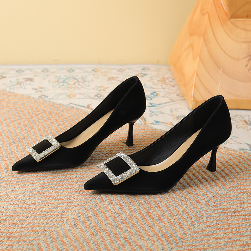 Water Dia Square Buckle High For Women Pointed Toes Thin Heels Sheepskin Single Shoes Fashionable Easy To Understand Spring And Autumn