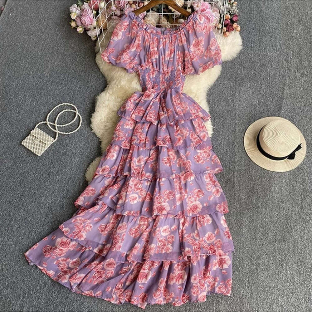 Fragmented Chiffon for Womens Summer New Bubble Short Sleeved Waist Slimming Holiday Luxury Cake Dress Fishtail Dress Waist Short BOHO DRESS High Wais