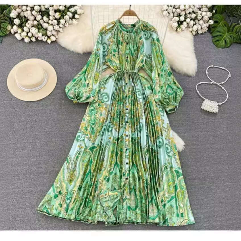 High End, Light Luxury, and Lantern Sleeved Round Neck with A Waistband That Looks Slim, Single Breasted Printed Dress, Elegant Long Skirt High Waist 