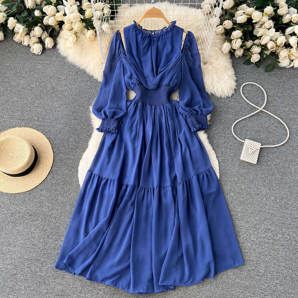 French Style Wooden Ear Edge Off Shoulder Bubble Sleeves with Waistband to Show Slimming Dress, Womens Large Hem Over the Knee Pleated Long Skirt BOHO