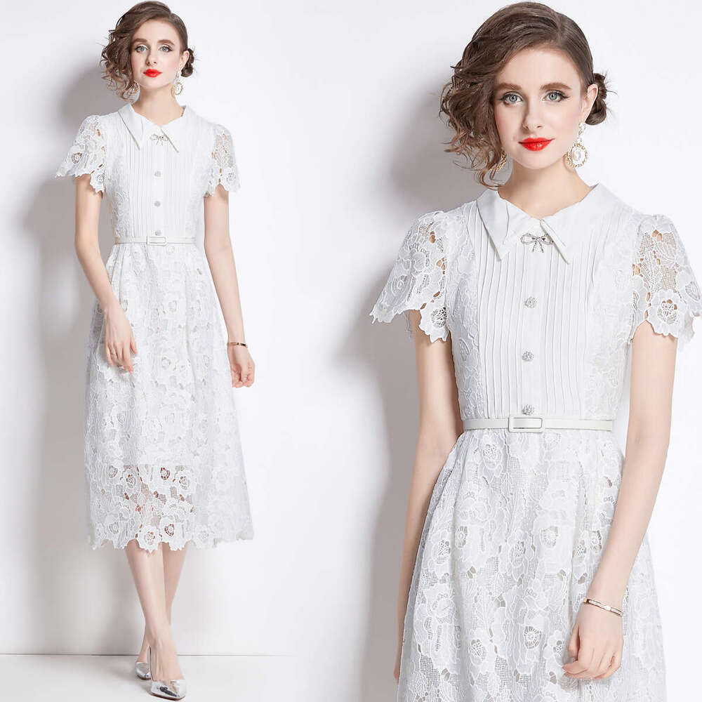 2024 Summer New Celebrity Style French Lace Bubble Sleeves Wrapped Waist White Dress Self-cultivation Temperament Bifurcated Novelty BOHO DRESS Denim 
