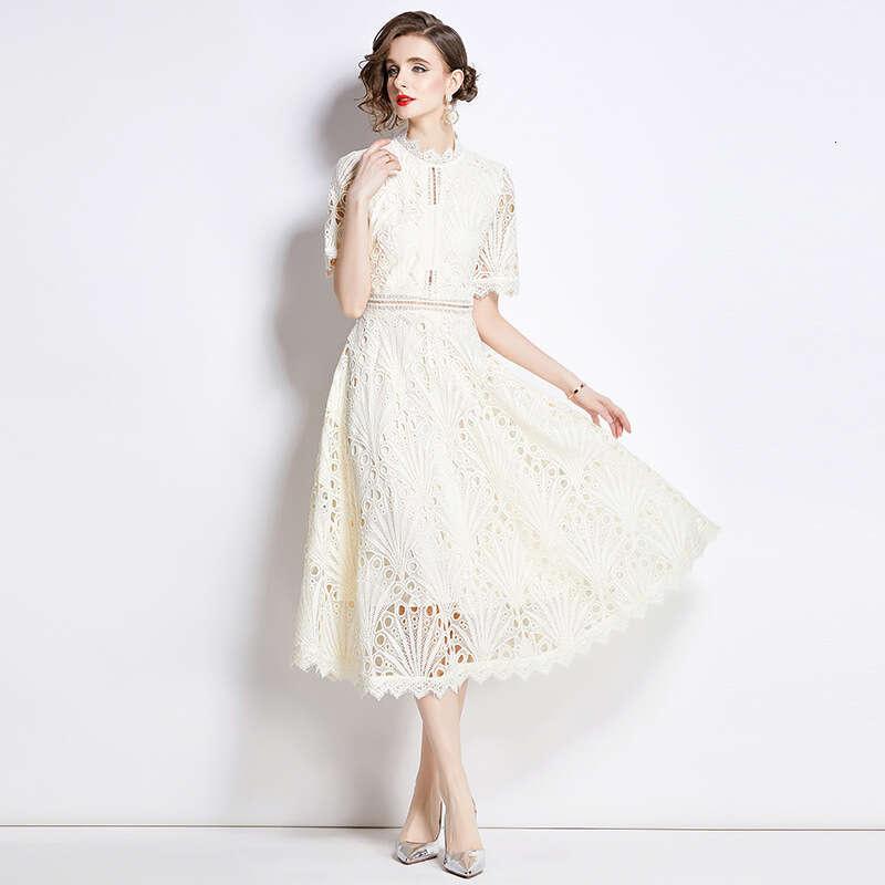 French Haute Couture Lace Patchwork Round Necked for Womens Summer New Collection Waist Slimming Style Large Hem Dress Pregnant Womens Dress High Wais