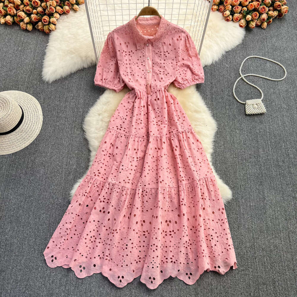 Spring Autumn Korean Edition Slim Bubble Sleeve Doll Neck with High Waist, and Elegant Style, Vacation Big Swing Long Dress Pregnant Womens Dress