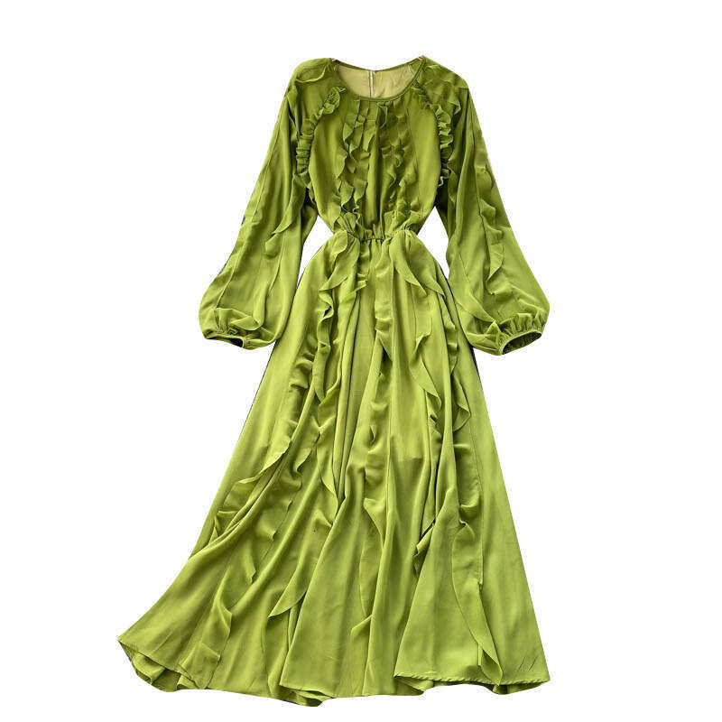 Fairy Gentle Style 2020 New Autumn/winter Design Sweet Auricular Edge Bubble Sleeves Holiday Long Dress Temperament Sexy Round Neck Dress Silk Dress