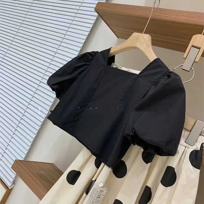 Clothing Sets Summer Girls Clothing Set New Childrens Cotton Square Neck Bubble Sleeve Top Round Dot Half Skirt 2-piece Set Childrens Skirt