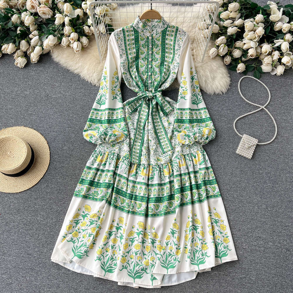 Spring Clothing New Printed Fashionable Ruffle Edge for Women with Waist Cinching and Straps, Large Swing Long Skirt Dress Temperament Silk Dress Lace