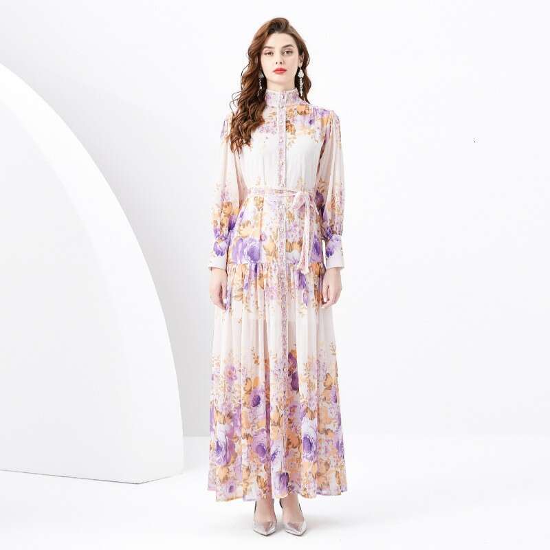 Spring/summer 2024- Palace Style Standing Neck Lantern Sleeves Wave Edge Long Printed Dress Loose Waist Self-cultivation Sexy Bifurcated Oversize Dres