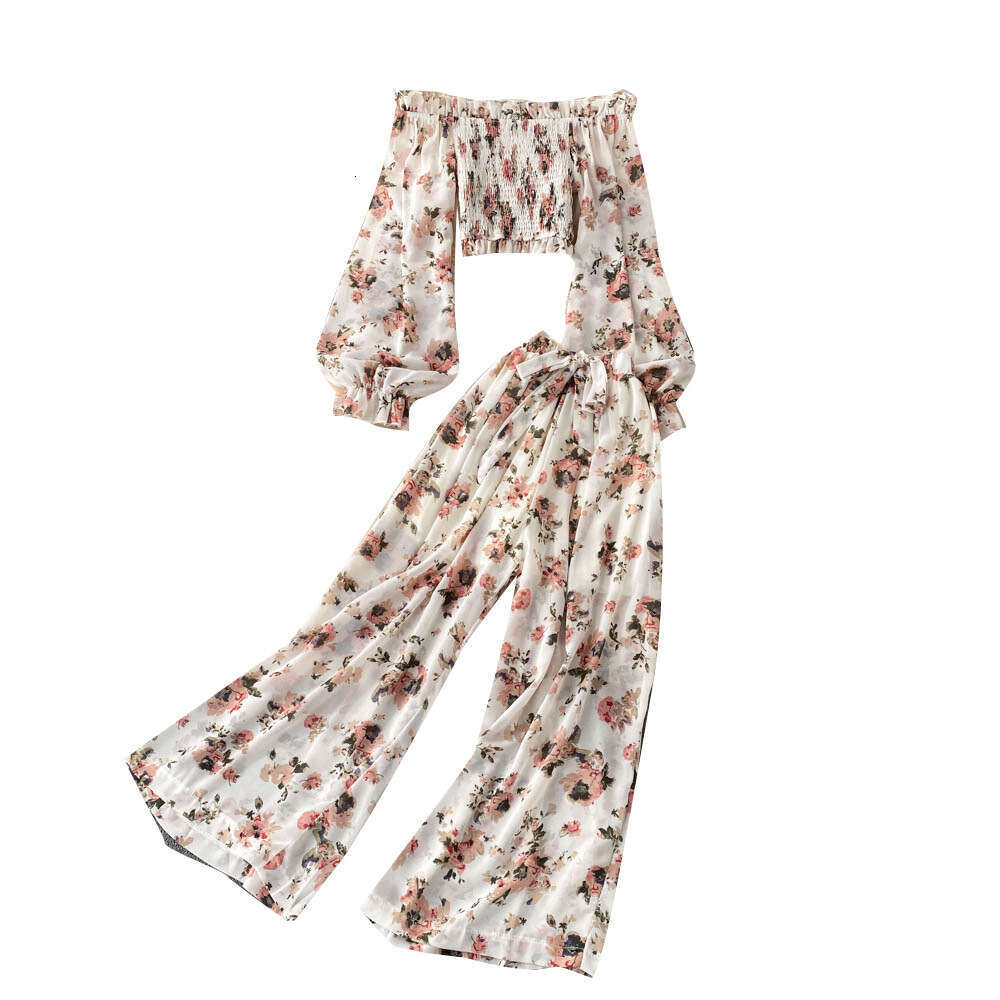 One Line Neckline Off Shoulder Bubble Sleeves, Sweet and Age Reducing French Printed Short Top, High Waisted Wide Leg Pants Two-piece Set Sexy Silk Dr
