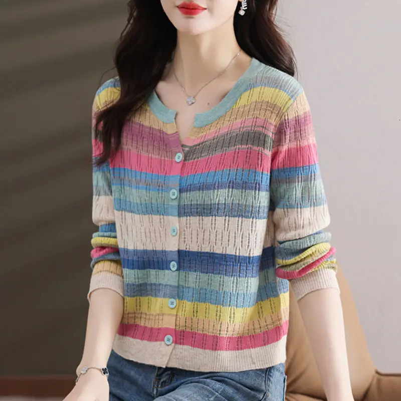 Fashion Women Clothing Colorful Striped Cardigan Sweater Spring Autumn Korean Versatile Casual Long Sleeve Knitted Coats 240712