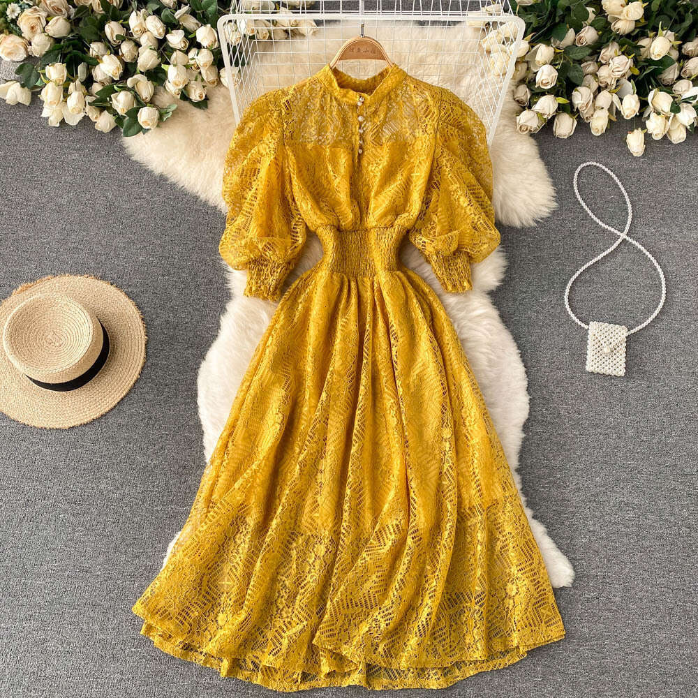 Court Elegant Lace Feminine Style Standing Neck Waist Slim Bubble Sleeves Luxury Feeling Over Knee Long Dress Sexy Dress Short Self-cultivation Silk D