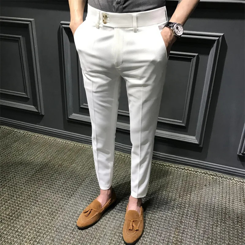 Mens Fashion Slim Fit Comfortable Ankle Length Suit Pants Casual Elastic Soild Small Foot Nine Point Pants Commuting Wear 240715