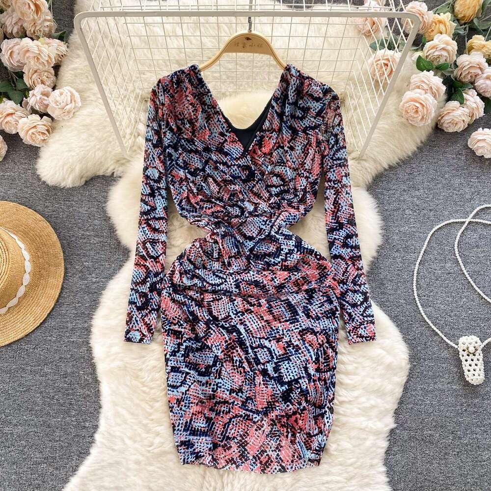 Animal Print Pleated Slim Fit Short Sexy Wrap Around Skirt Spring Outfit Temperament Dress Long Summer Dress Sexy Dress Sexy Loose Round Neck Dress