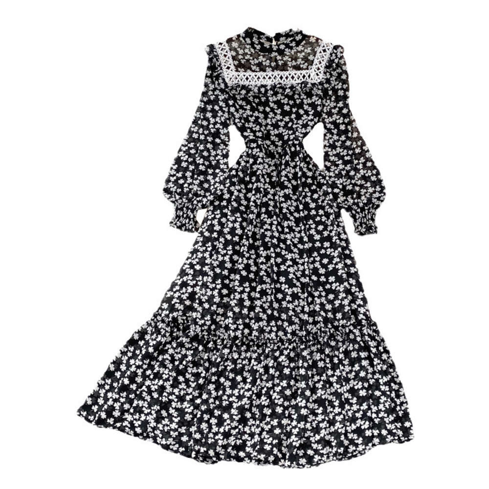 Spring and Autumn French Grand Swing Long Super Fairy Fragrant Flower Skirt Lantern Sleeve High Waist Look Skinny Lotus Leaf Edge Stand Up Collar Dres