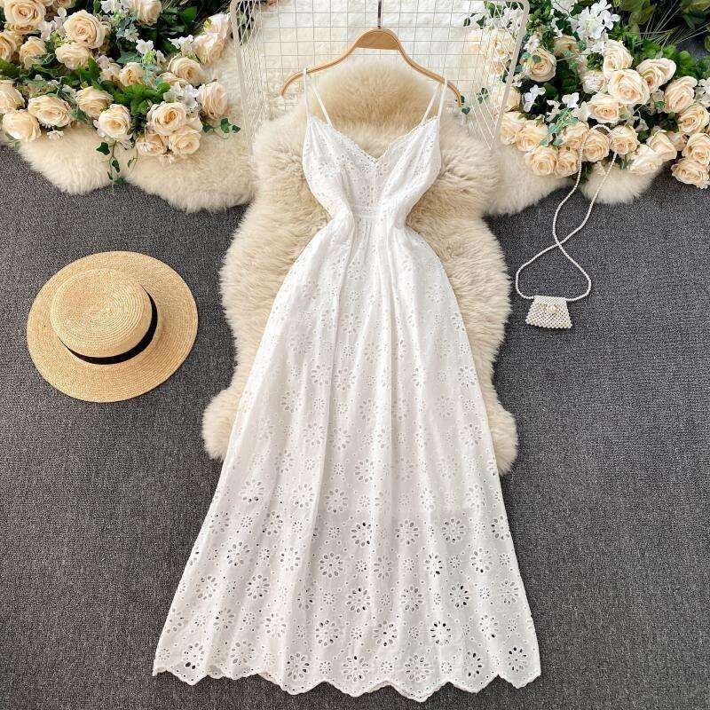 Heavy Industry Hollowed Out Floral Sexy Collar, Backless Suspender Spring Dress, New Goddess Vacation Style Long Skirt Trend Pregnant Womens Dress