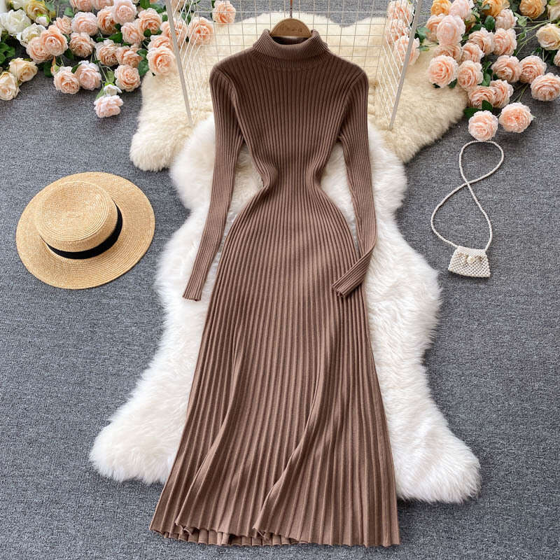 Autumn 2022 New Goddess Temperament High Neck Slim Fit Medium Long Style with Inner Bottom Skirt Knitted Dress Chiffon Floral Dress Short Sexy Silk Dr