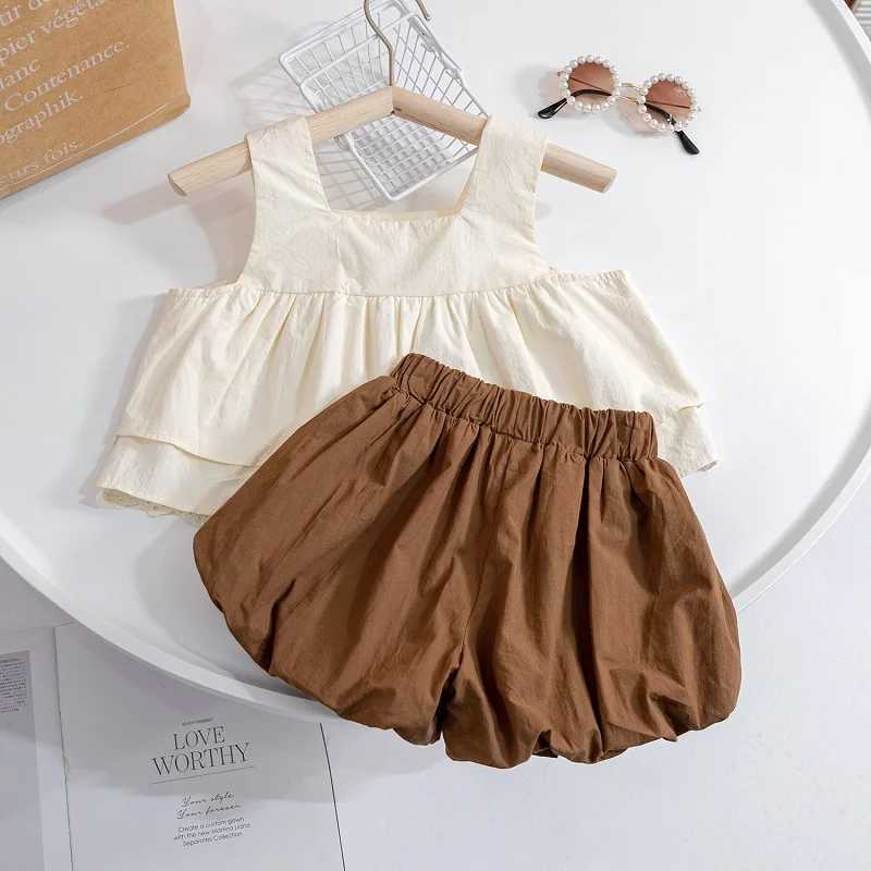 Clothing Sets Girls Set 2024 Summer New Baby Lace Strap Set Square Neck Embroidered Doll Shirt Flower Bract Pants Sweet Casual Two Piece Set