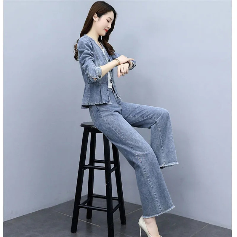 Women Denim 2 Piece Sets Women Outfit Spring Autumn Casual Long Sleeve Jean Jacket Elastic Waist Wide Leg Jeans Pants Suit 4XL 240715