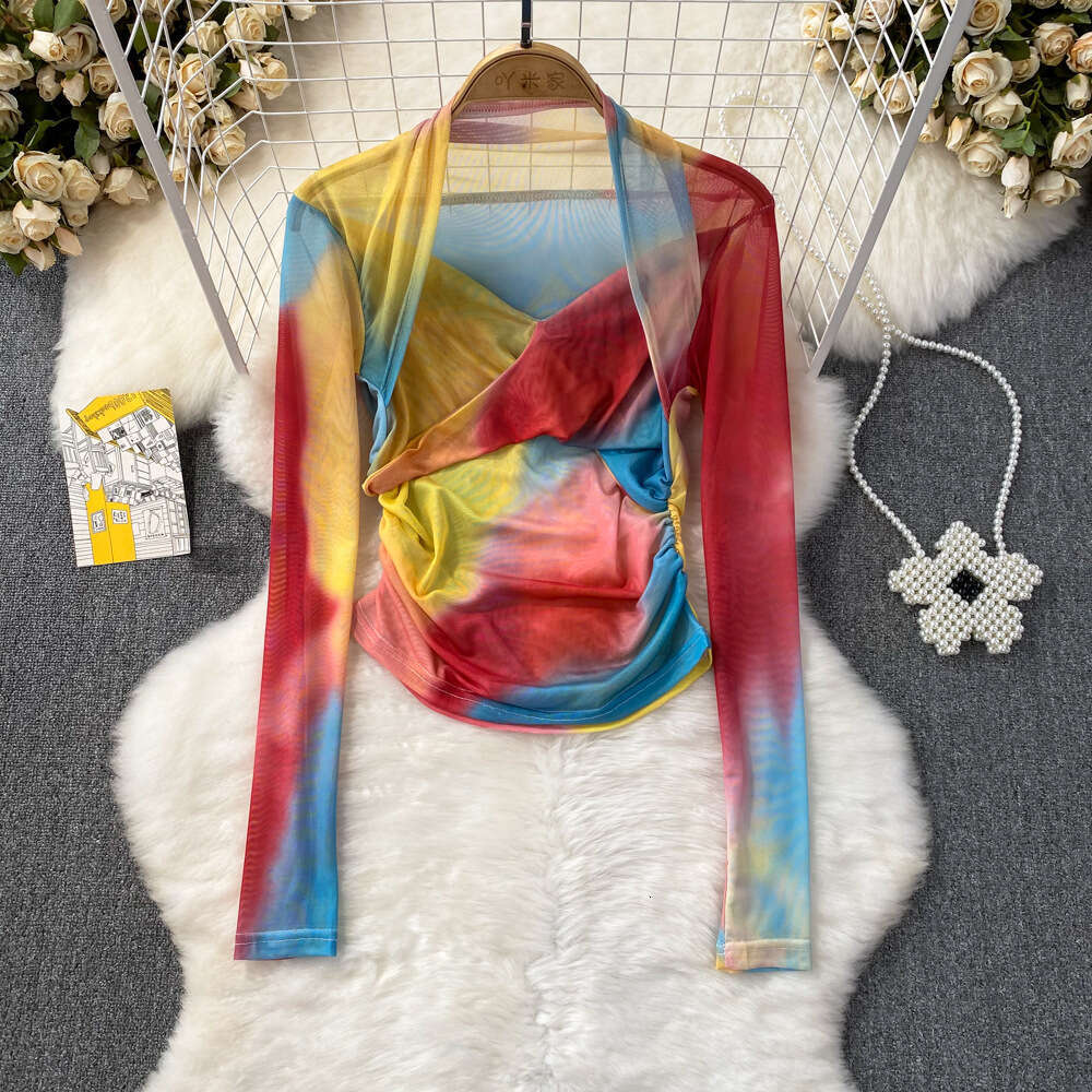 Summer Fashion Spicy Girl Camo Tie Dyed Long Sleeved V-neck Mesh T-shirt Womens Western Style Slim Fit Wrinkle Short Top Novelty Sexy Lace Dress BOHO 