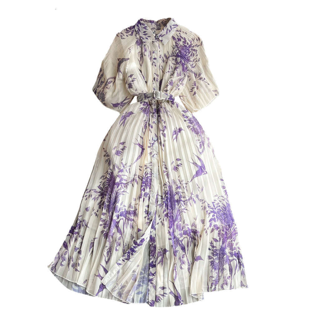 Light Mature Style, Short Sleeved Lapel with Waistband Slimming Effect, Single Breasted Printed Pleated Shirt Dress for Summer Loose Short Oversize Dr