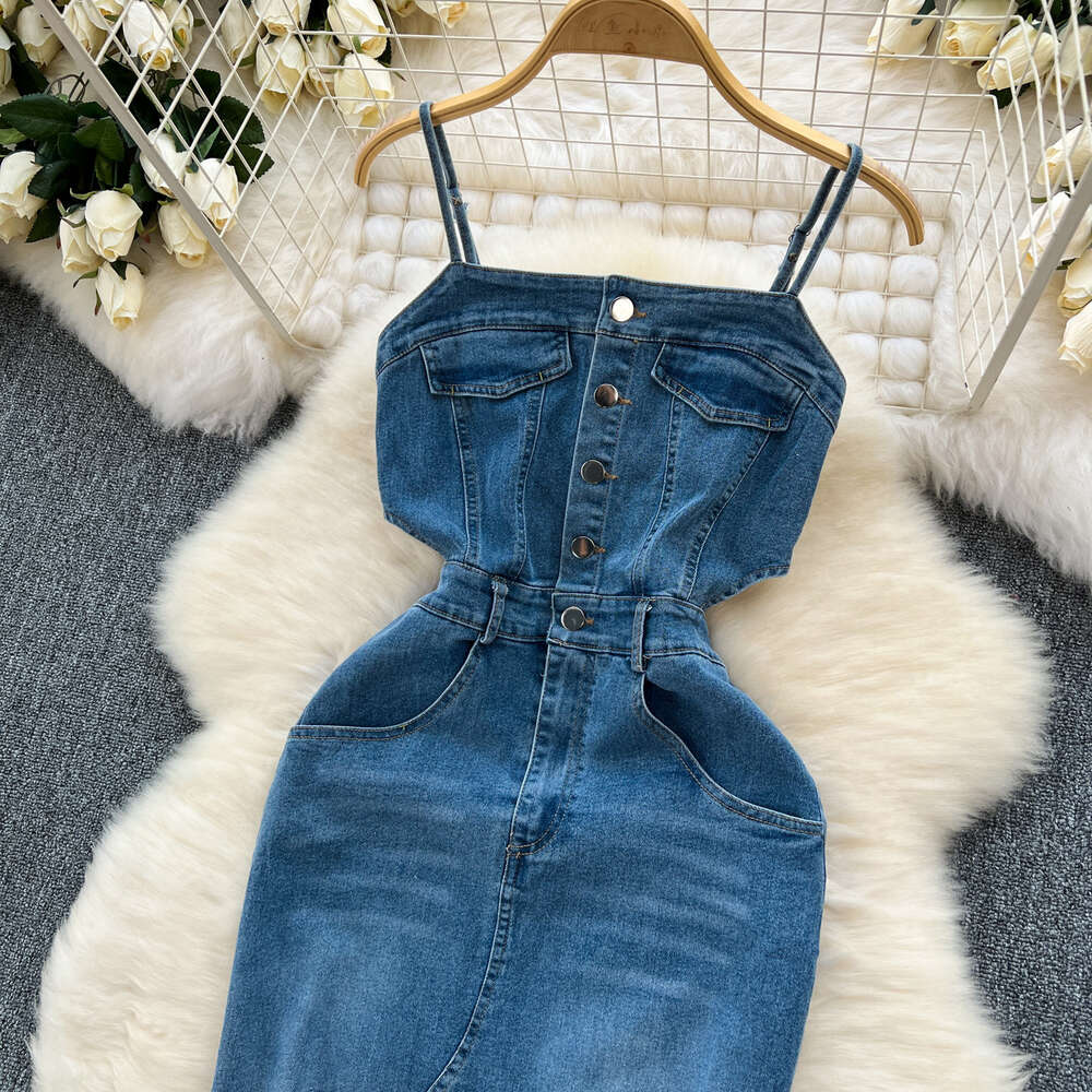 Chic Denim Skirt Design with Fur Edge, Slit, Slim Fit, Medium Length Strap, Dress for Summer Temperament Self-cultivation High Waist Dress Oversize Dr