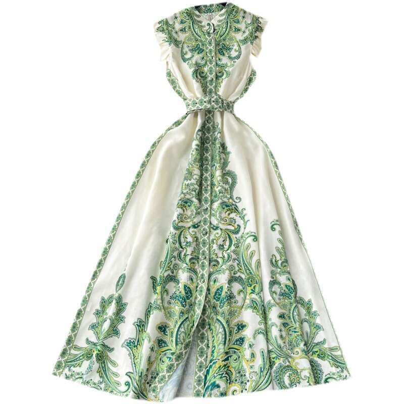 Wind High-end Printed Sleeveless Dress for Womens Summer New Collection Waist, Large Hem, Open Neck, Long Skirt Bifurcated Oversize Dress Silk Dress