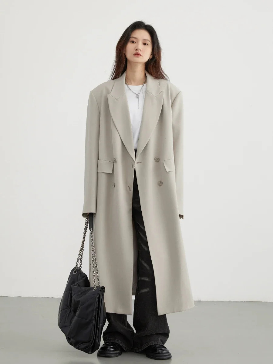 CHIC VEN Womens Trench Coat Korean Double Breasted Long Jackets Korean Fashion Soild Office Lady Overcoats Spring Autumn 240716