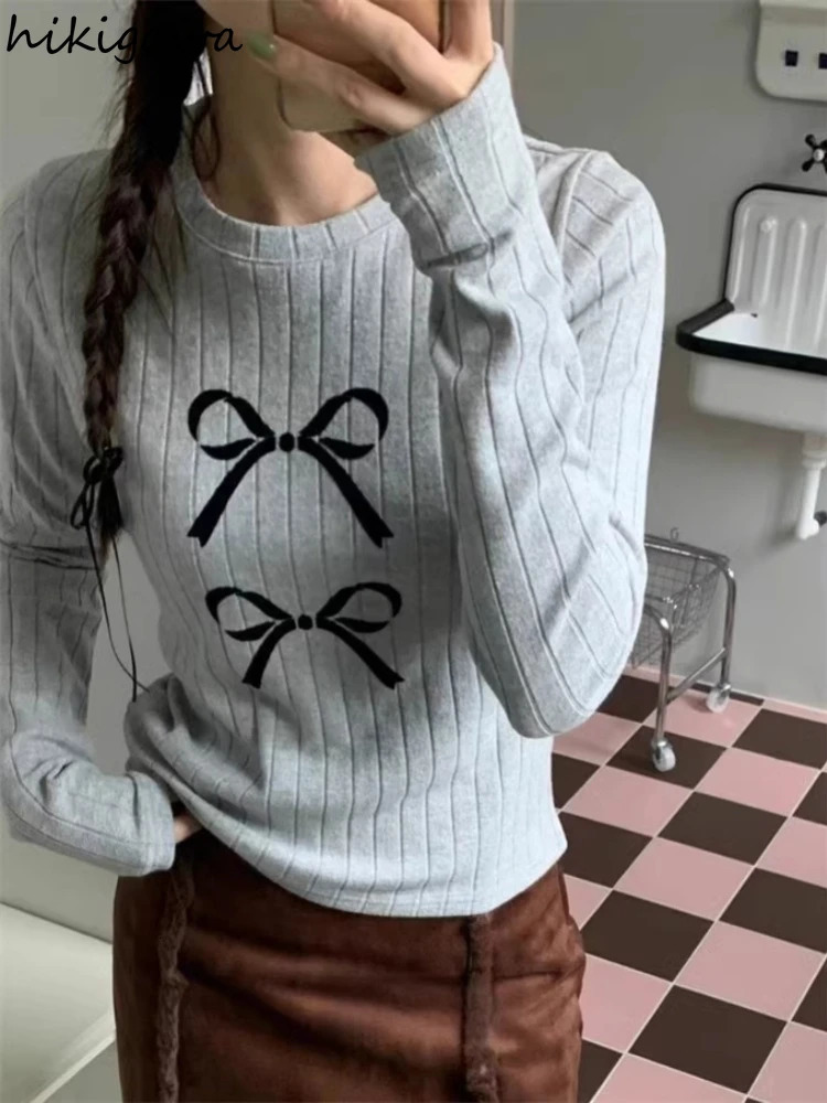 Simple Fashion Tshirts for Women Bow Print Casual Tees Ropa Mujer Long Sleeve O-neck Crop Tops Temperament Ladies T Shirts 240715
