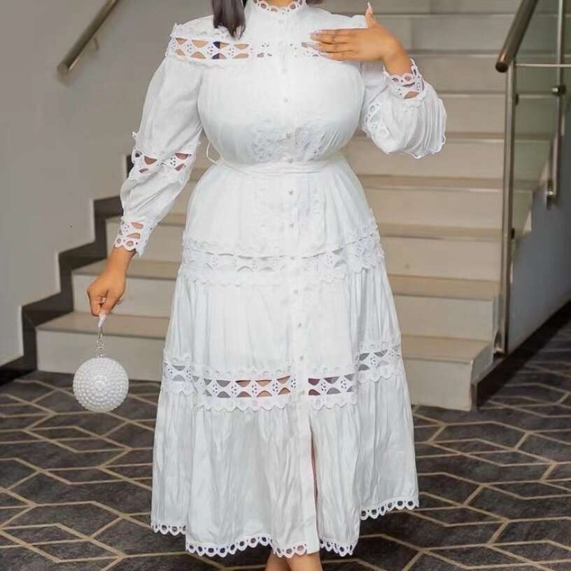 Palace Style Lantern Long Sleeved Stand Up Collar with Waistband Hollowed Out Single Breasted Elegant Dress Waist Self-cultivation Short Loose BOHO DR