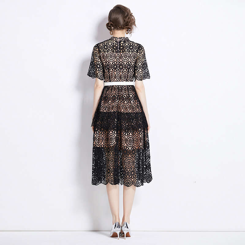 Light Luxury Heavy Industry Hollowed Out Carved Lace for Womens High Grade Multi Layered Ruffle Edge Cake Dress, Celebrity Style Dress SKINNY DRESS
