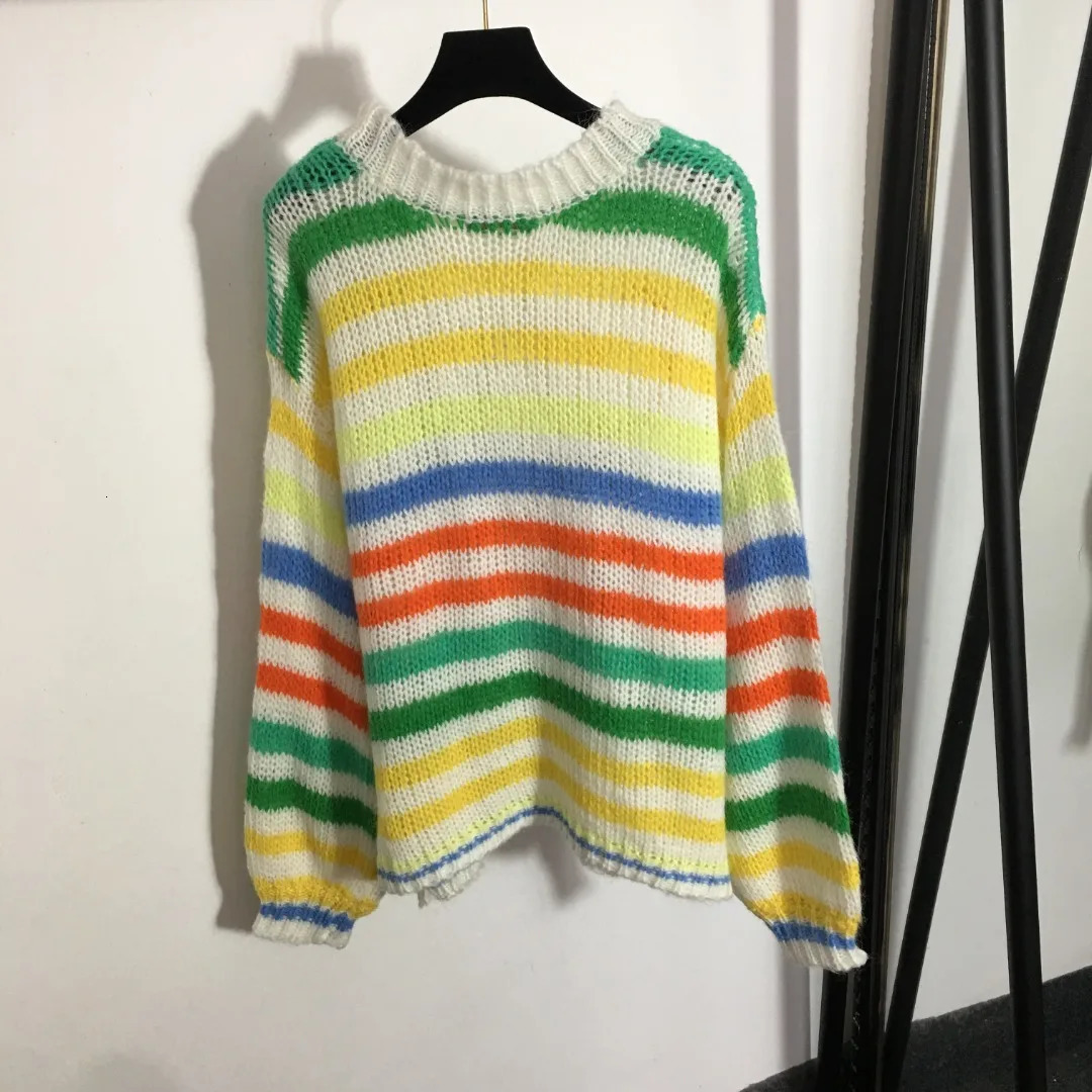 Early Autumn Womens Sweater Round Neck Contrast Colored Stripe Hook Flower Loose Knitted Top 16864679430 240710