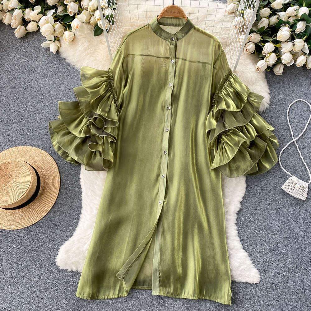 Spring Style Western-style Design with French Ruffle Edge and Three-dimensional Flower Sleeves, Loose Single Breasted Dress High Waist Dress Oversize 