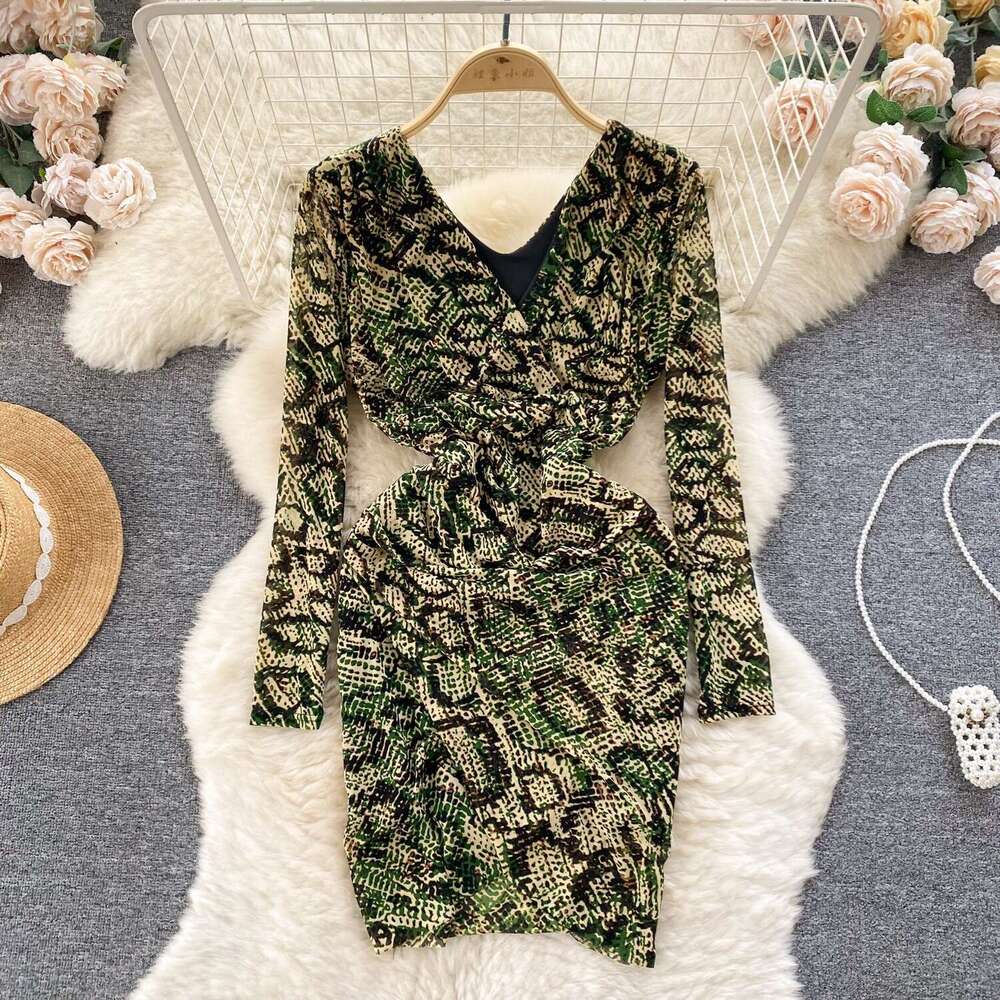 Animal Print Pleated Slim Fit Short Sexy Wrap Around Skirt Spring Outfit Temperament Dress Long Summer Dress Sexy Dress Sexy Loose Round Neck Dress