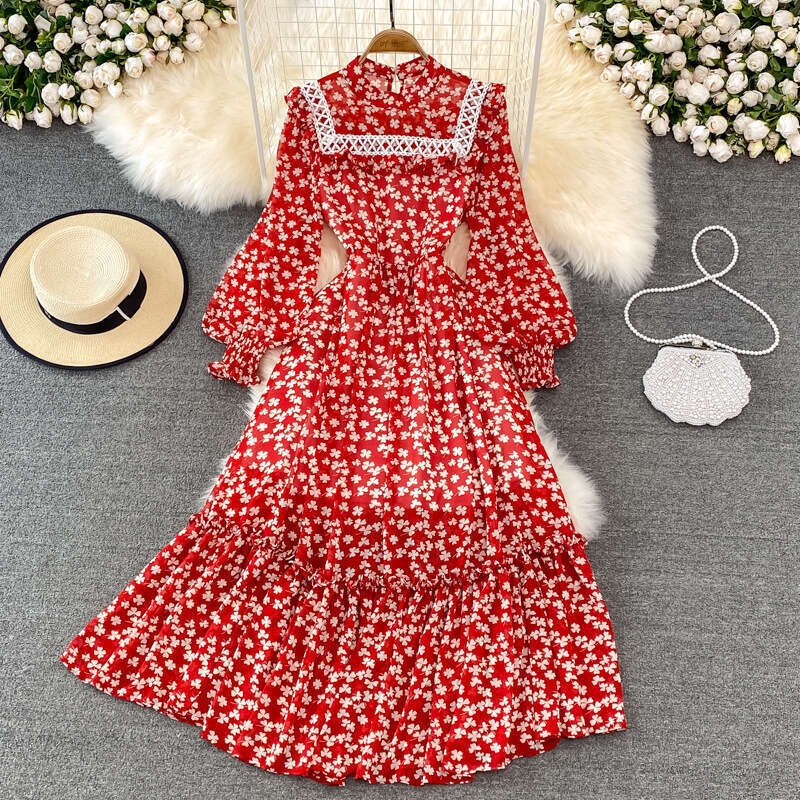 Spring and Autumn French Grand Swing Long Super Fairy Fragrant Flower Skirt Lantern Sleeve High Waist Look Skinny Lotus Leaf Edge Stand Up Collar Dres