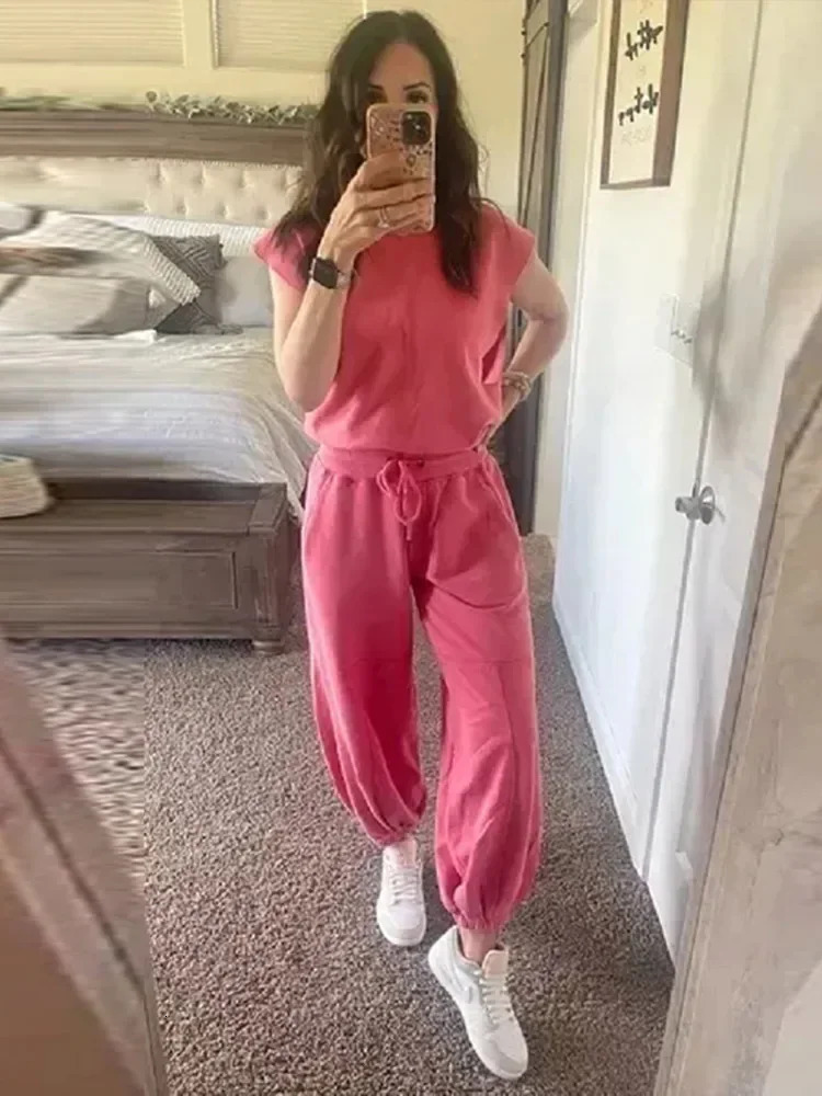 Casual Sleveless Jumpsuit Woman 2024 Spring Loose O-neck Open Back Top Pocket Drawstring Trousers Female Clothes 240703