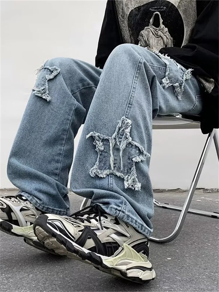 New Fashion Stars Towel Embroidery Baggy Men Pants Y2K Clothes Straight Hip Hop Cotton Trousers Pantalon Man Jeans