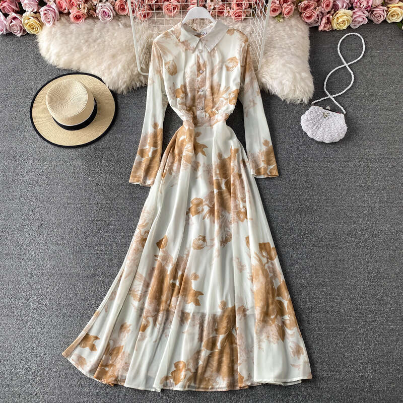 Gentle Style Large Swing Shirt Neck Dress Ink Painted Print Temperament Slim Fit Long Skirt Sexy Dress Loose Bifurcated Sexy SKINNY DRESS High Waist D